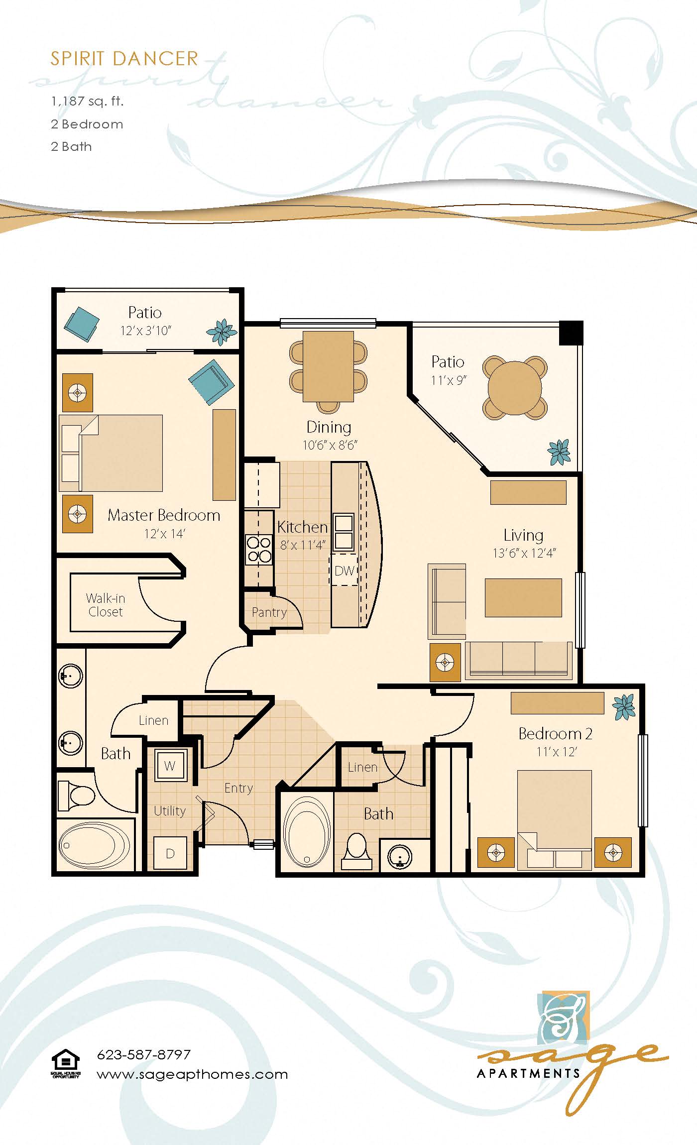Floor plan for 2 beds, 2 baths, 1187 sqft